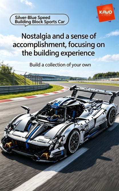 KAVOWORLD 1:8 Scale Silver-Blue Technical Super Racing Sports Car Building Blocks Set 3526pcs DIY STEM Assembly Premium ABS Racing Car Building Bricks Toy Model with Rear Linkage Engine & Track Wing, Ideal Birthday Christmas Gift for Teens Adults
