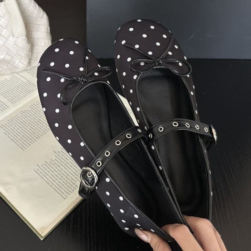 Designer Polka Dot Ballet Flats for Women Sweet Bow Decoration Elegant Mary Jane Shoes Fashion Buckle Shallow Comfort Dress Shoe