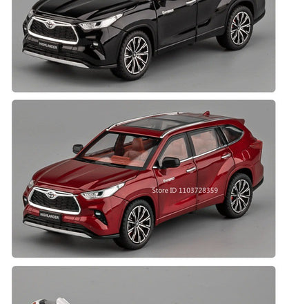 Miniaturas de carros Highlander RAV4 em liga fundida escala 1:24, com som, luz, portas que abrem, função de fricção e absorção de choque – Presente para meninos