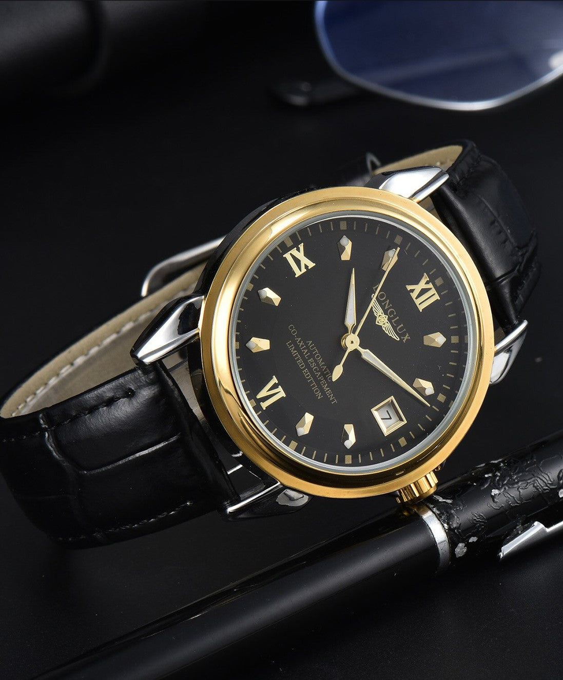 LONGLUX automatic man watch business leisure dating mechanical wristwatches day date waterproof leather  mens watch men gift