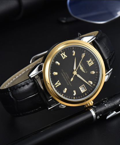 LONGLUX automatic man watch business leisure dating mechanical wristwatches day date waterproof leather  mens watch men gift
