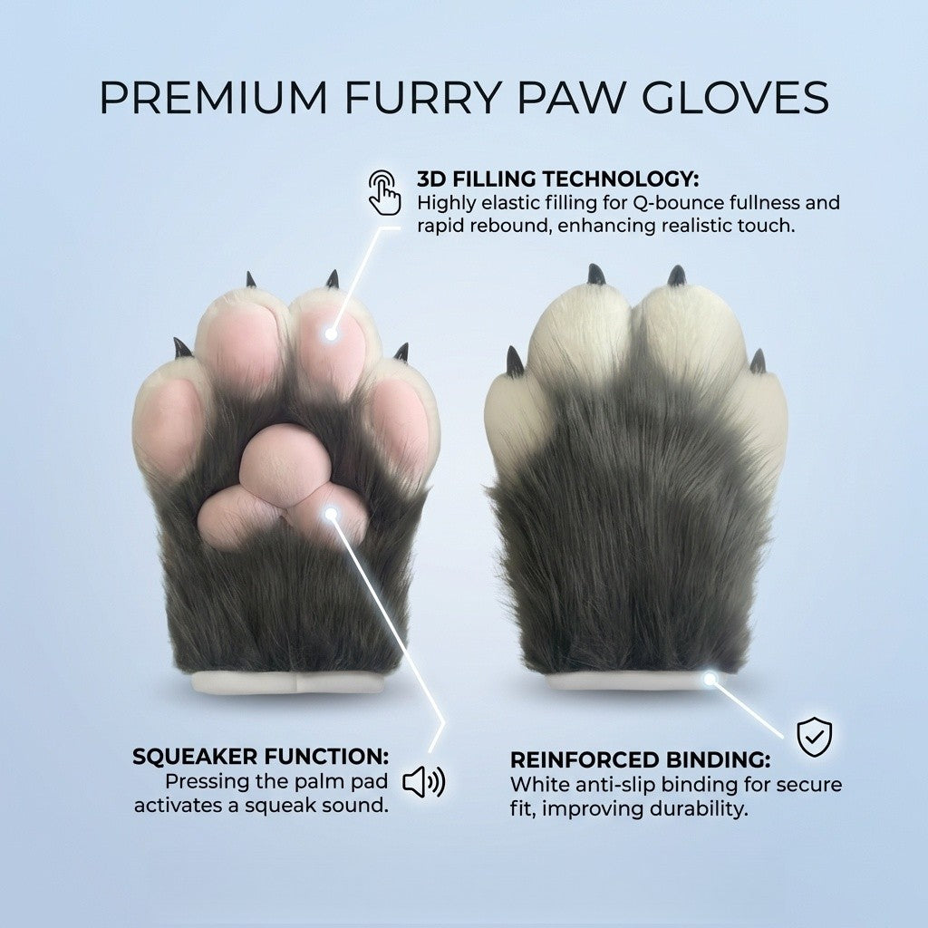 Realistic Fursuit Paws Gloves Soft Plush Furry Animal Paws with Claws for Cosplay Halloween Party Unisex Adult