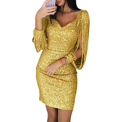 Plus Size Dresses for Women Elegant Long Sleeve Sequin Mini Dresses Sexy Ruched Bodycon Sparkly Glitter Cocktail Party Dresses
