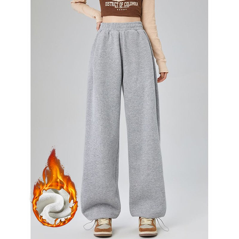 Winter Lady Snow Warm Thin Straight Leg Pants Girls Classic Daily Plush Trousers Women High Waist Thermal Fleece Pants