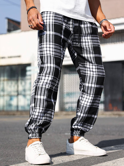 Calças Masculinas Xadrez com Punho Calças de Pijama Confortáveis para Estilo Relaxado