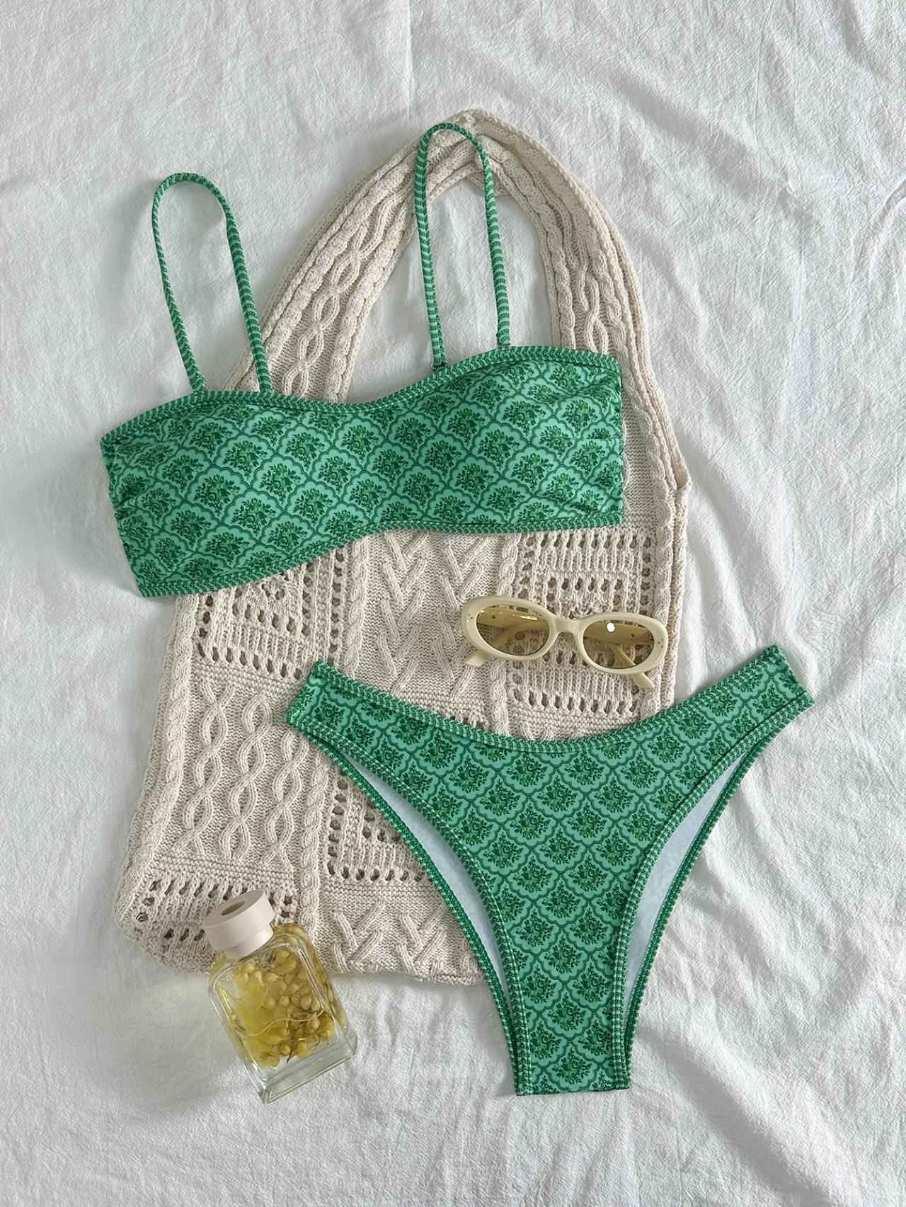 Sexy Bandeau Bikini 2025 Women Green Floral Pleate Push Up Padded Thong Swimsuit Summer Bathing Suit Two Piece Swimwear Biquini