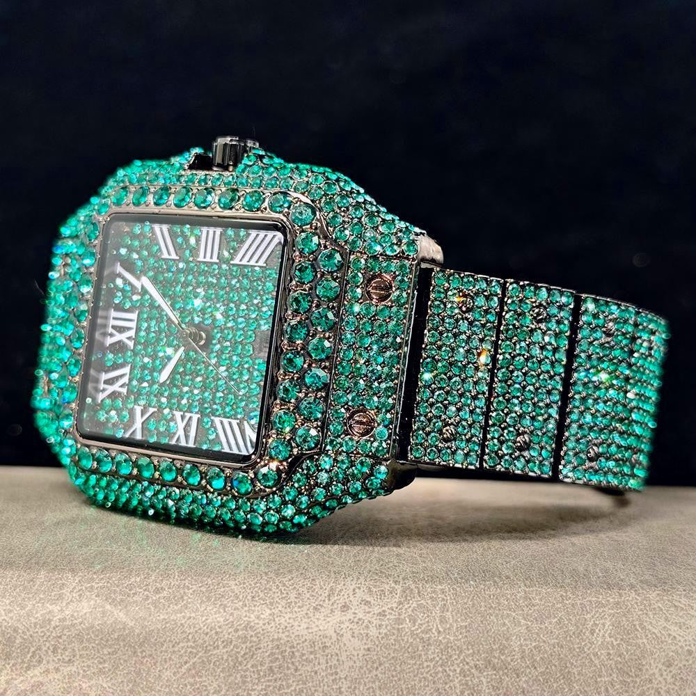Green Diamond Watch For Men Brand UNIGUET Fashion Roman Literal Quartz Clock Man Hip Hop Iced Jewelry Square Wristwatch 2025 New