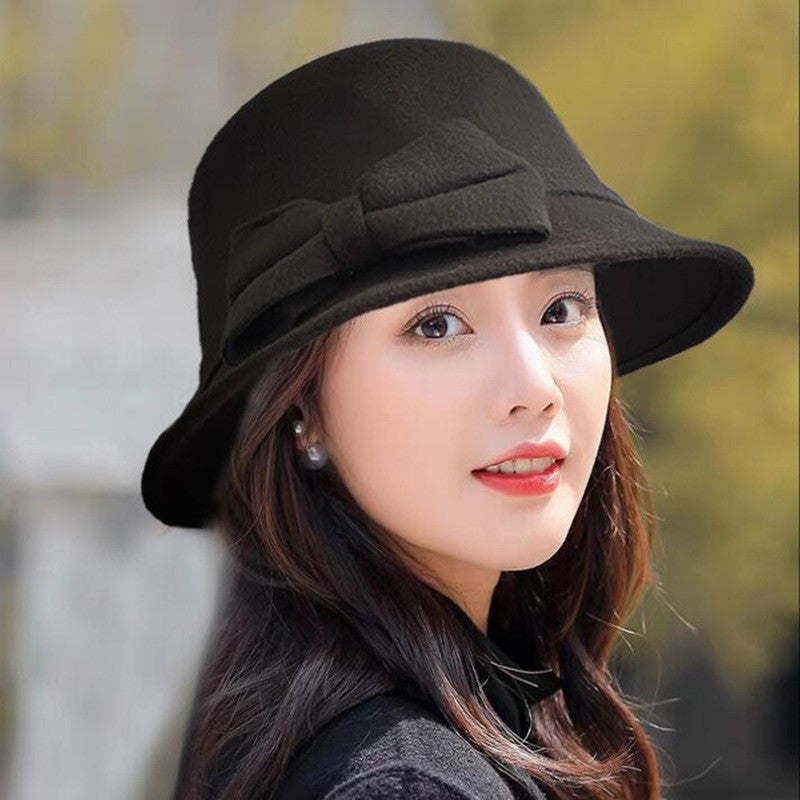 2022 Outono Inverno Fedoras Chapéu Feminino Elegante Vintage Laço Lã Chapéu Feminino Cúpula Feltro Casamento Igreja Boné Jazz Feminino Laço Cartola