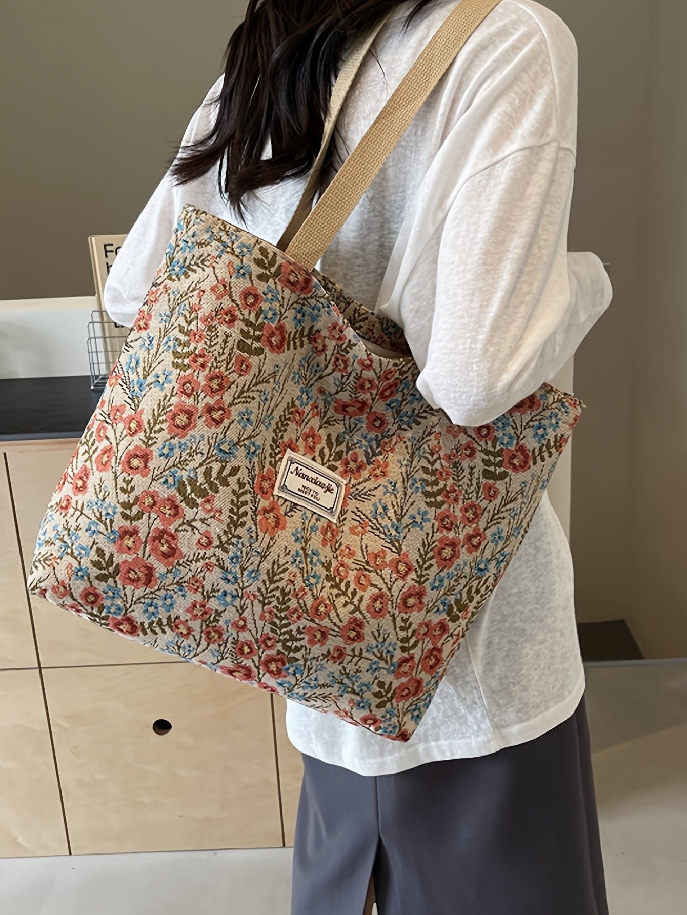 Stylish Corduroy Tote Bag for Women Bohemian Ethnic Style Shoulder Bag for Daily Commuting Shopper Office Worker College Student