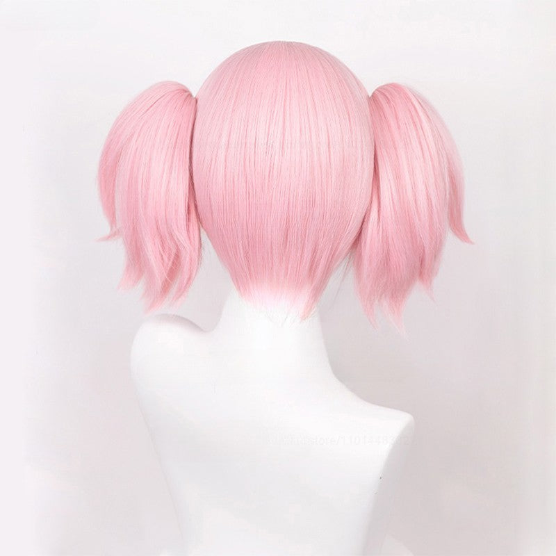 Peruca Sintética Cosplay Anime Madoka Kaname, Rosa Curta, Presilhas de Rabo de Cavalo, Resistente ao Calor, Festa, Perucas de Cosplay de Anime
