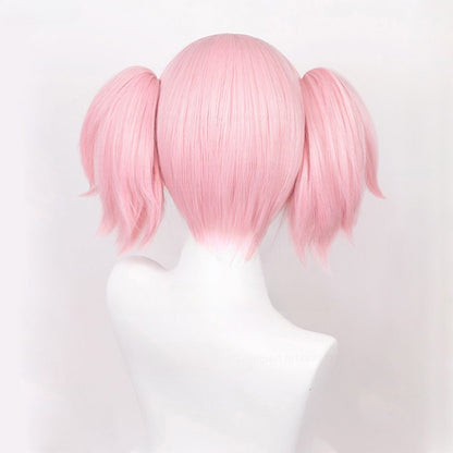 Peruca Sintética Cosplay Anime Madoka Kaname, Rosa Curta, Presilhas de Rabo de Cavalo, Resistente ao Calor, Festa, Perucas de Cosplay de Anime