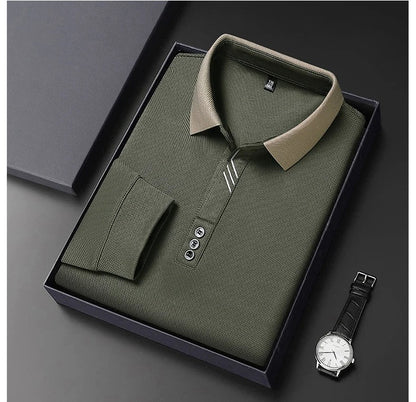 New Men's Long-sleeved Polo Shirt Sweatwear Business Casual Top Fashion Classic Solid Color Male Brand Basic V-neck Top