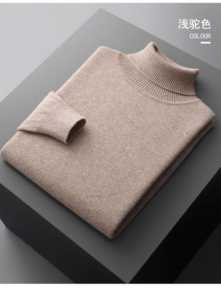 100%Merino Wool Lapel Sweater Men's Turtleneck Loose Knit Pullovers Youth Business Casual Joker Tops Warm Solid Color Base Shirt