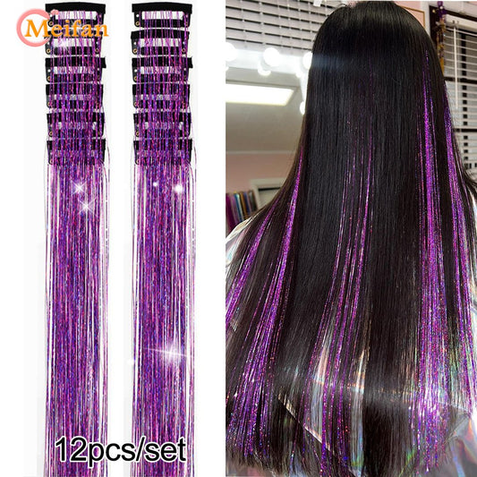 12Pcs/set Hair Tinsel Clip in Glitter Tinsel Hair Extensions Synthetic Shiny Sparkling Fairy Hair Tinsel Party Hair Accessories