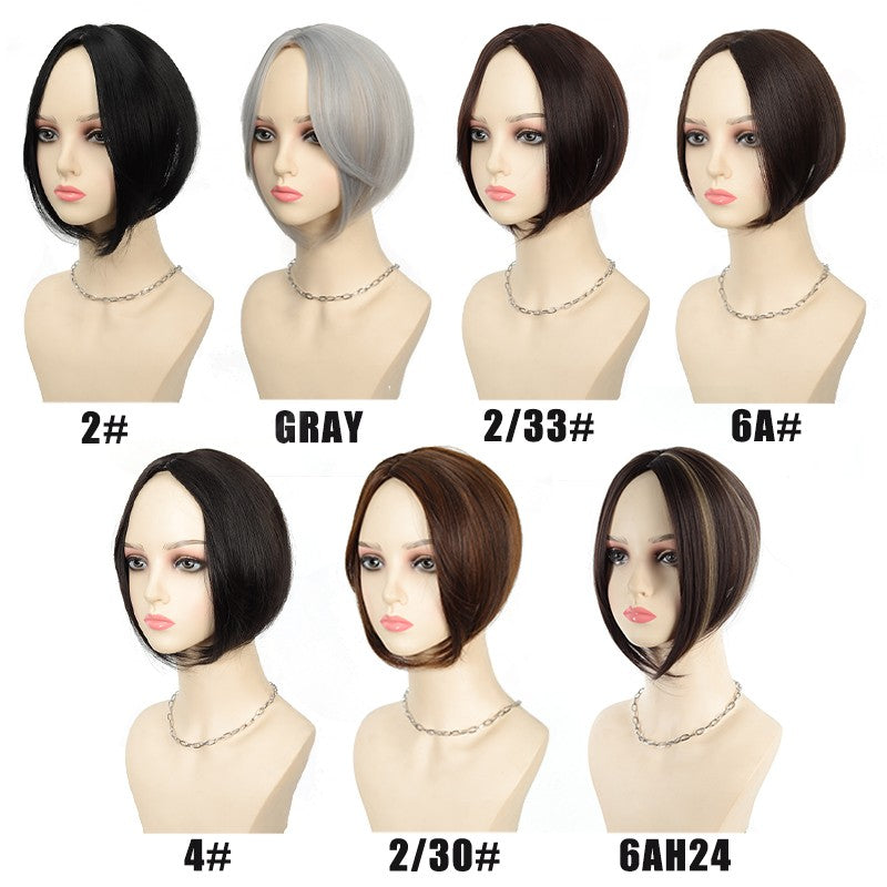 Peruca feminina, com franja para cobrir os cabelos brancos e uma peça de reposição fina e invisível para o cabelo