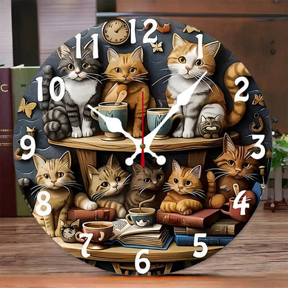 Cat Design Wooden Round Silent Hanging Wall Clock, Suitable For Living Room, Office, Study Room, Bedroom, Home Decoration