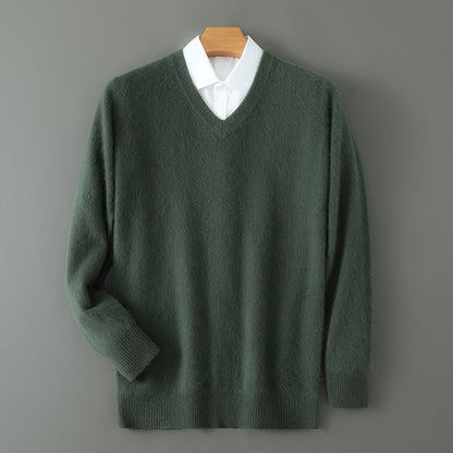 Autumn And Winter New Warm Pure Mink Cashmere Sweater Men's V-neck Pullover Thickened Plus Size Knitted Bottoming Shirt
