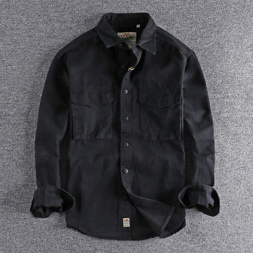 Spring New Japanese Retro Long-Sleeve Lapel Woven Cargo Shirt Men's Simple 100% Cotton Washed Double Pocket Casual Youth Blouses