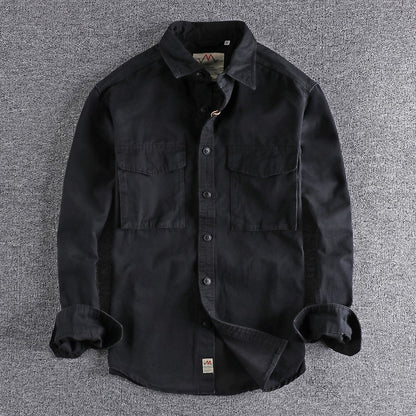 Spring New Japanese Retro Long-Sleeve Lapel Woven Cargo Shirt Men's Simple 100% Cotton Washed Double Pocket Casual Youth Blouses