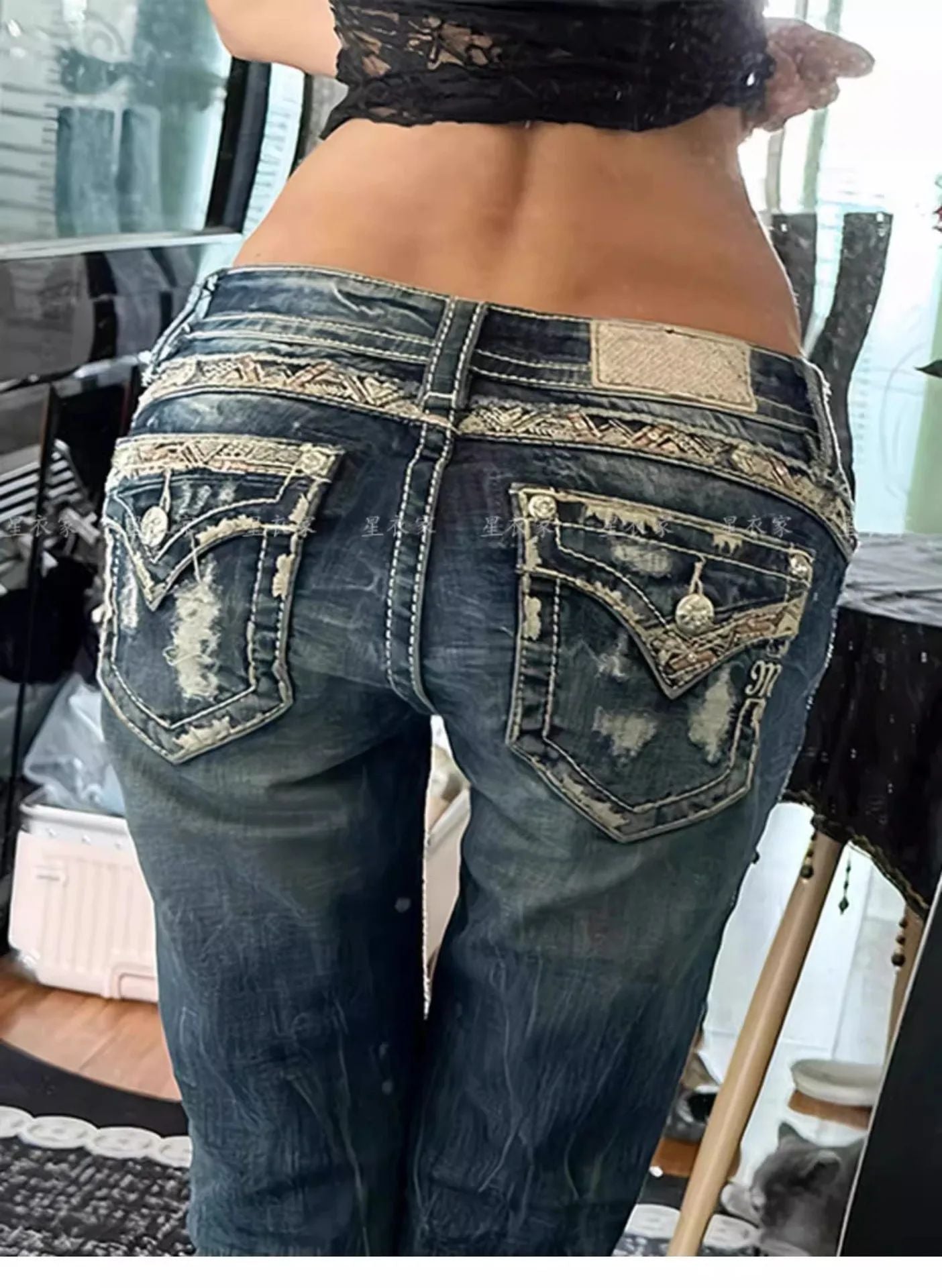 Retro American Washed Low Waist Bell Bottom Jeans Women's Y2K Millennium Sexy Lace Trimmed Floor Length Pants