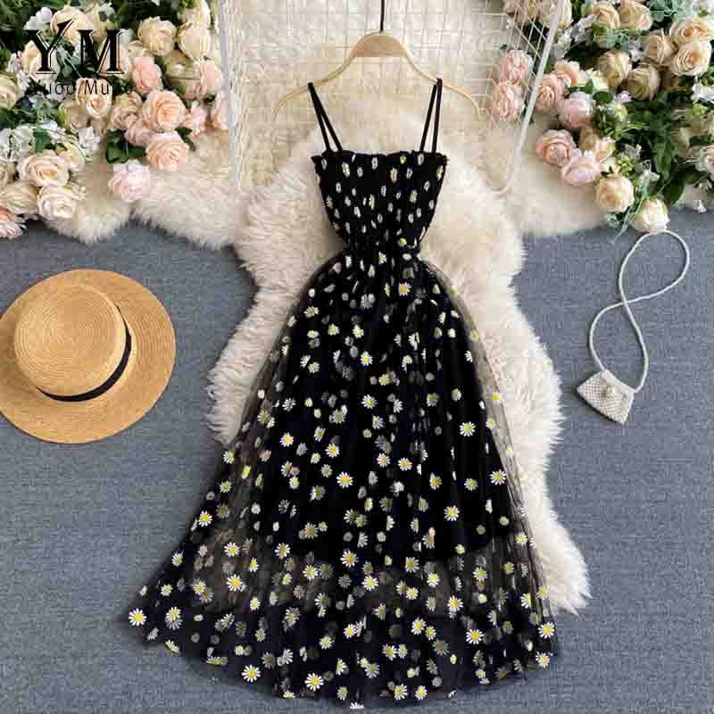 YuooMuoo Korean Fashion Daisy Flower Print Mesh Party Dress Summer Two Layers Sp