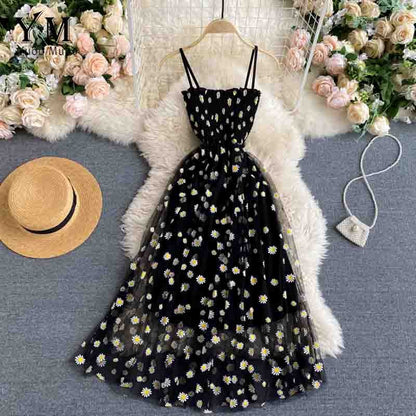 YuooMuoo Korean Fashion Daisy Flower Print Mesh Party Dress Summer Two Layers Sp