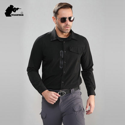 Stretch Men's Shirt Multiple Pockets Quick Drying Shirts High Quality Male Elastic Tooling Shirt Men Clothing Casual Shirts AF54