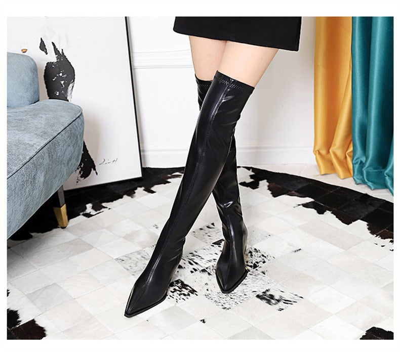2024 New Autumn Women's Pointed Toe Boots Over-the-Knee Sewing Slip On PU Leather Square Heel Street Style Shoes Black