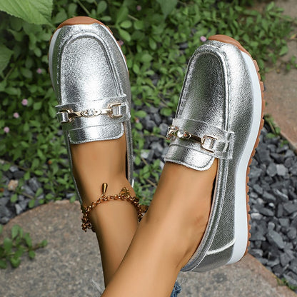 Gold Silver Metal Chain Flats Shoes Women Spring Autumn Plus Size Platform Loafers Woman Slip On Soft Bottom Casual Shoes Female