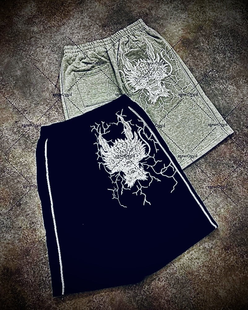 American Hip-hop Dragon Head Striped Casual Loose Shorts Men 2025 High Street Retro Punk Fashion Oversized Straight Pants Women