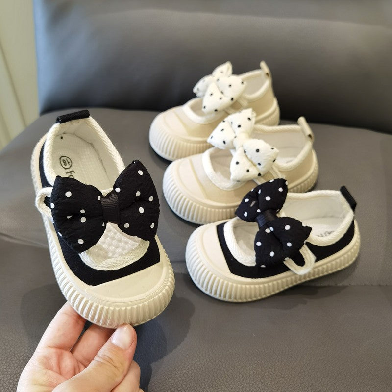 Girls Fashion Shoes Canvas Sneaker Kids Polka Dot Bow Princess Flats Breathable Baby Shoes Student Soft Sole Casual Spring Shoes
