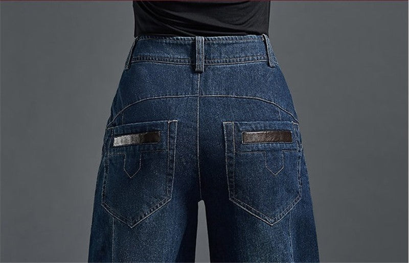 Autumn Winter High Waisted Women Jeans Casual Loose Embroidery Bloomers Trousers Female Fashion Wide Leg Denim Pants Blue