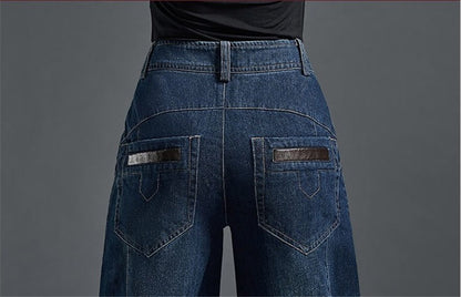 Autumn Winter High Waisted Women Jeans Casual Loose Embroidery Bloomers Trousers Female Fashion Wide Leg Denim Pants Blue