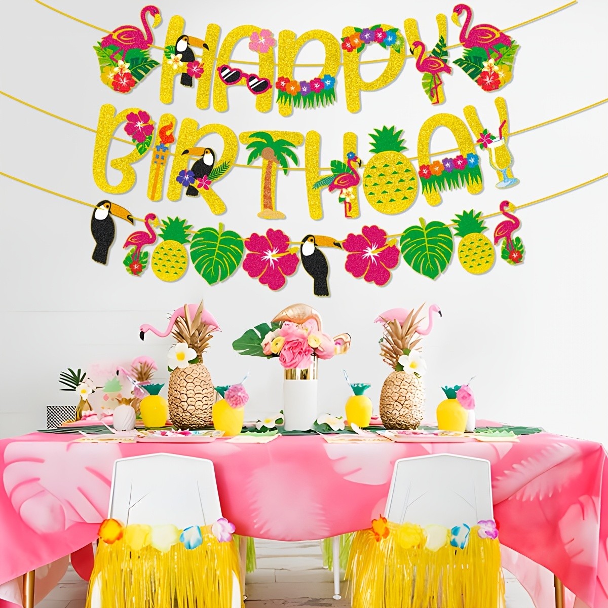 Hawaiian Tropical Happy Birthday Banner, Flamingo Pineapple Palm Tree Party Decoration for Summer Luau