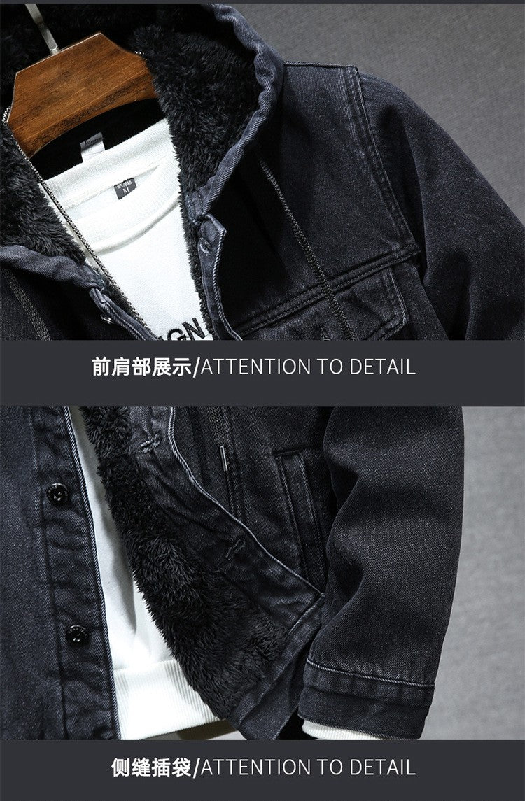 Thicker Winter Jacket Men Warmer Hooded Denim Lambswool Hooded and Padded Denim Jacket Imitation Lamb Wool Fleece Mens Clothes