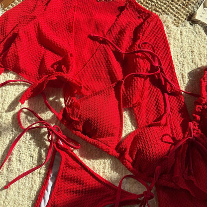 Summer Holiday 4 Piece Bikini Set 2025 Women Sexy White Long Sleeve Cover Up and Skirt Swimsuit Beach Bathing Suit Pool Swimwear