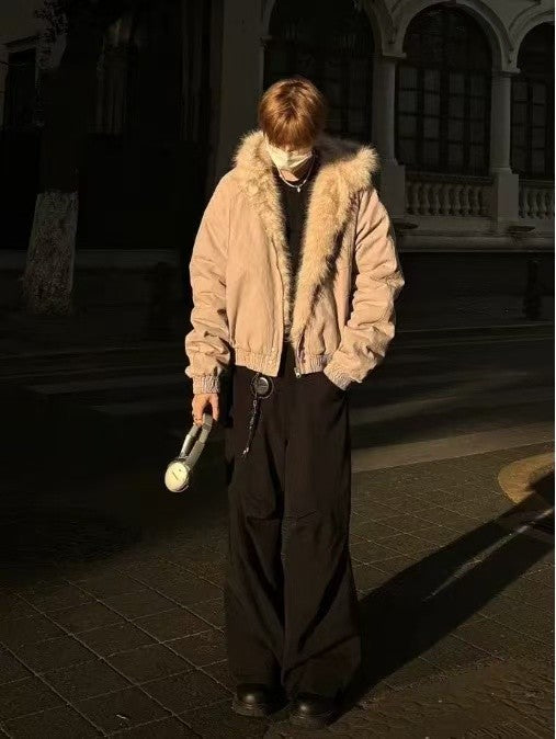 Grey Womens Korean Style Fleece Jacket Winter Warm Thick Workwear Punk Retro Casual Layering Wear Unisex Couple Matching Coat