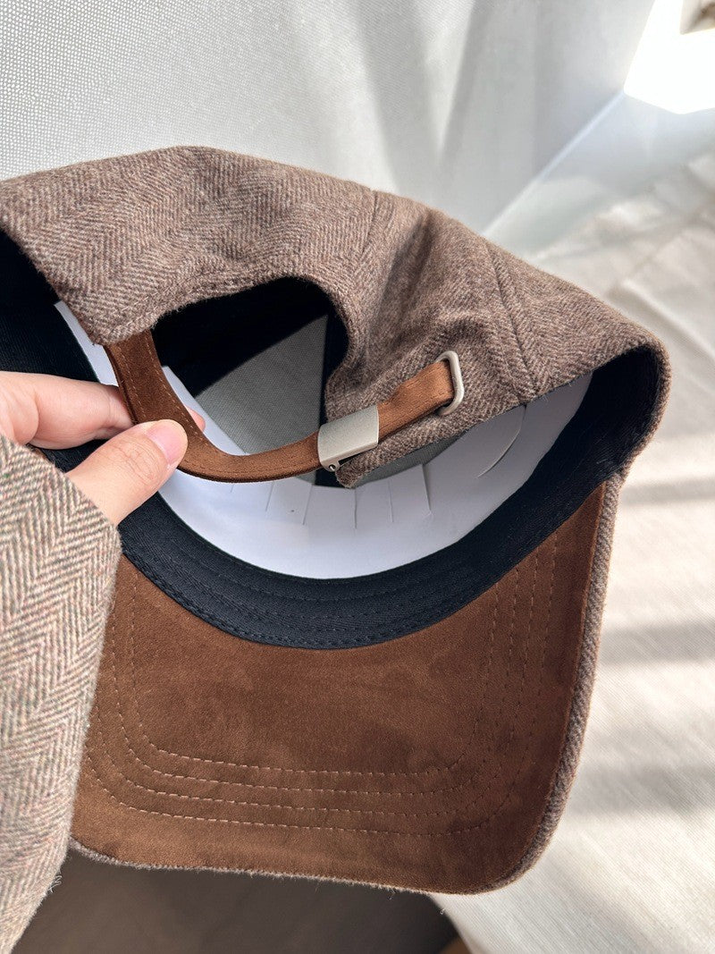 Stylish Wool Herringbone Baseball Cap for Men & Women, Thick Hard Top, Small Face