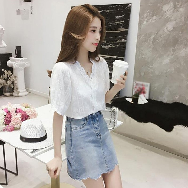 Women's Shirt Lace Hollow Out Sweet Loose White V-Neck Blouse Half Sleeves Solid Blouse Shirt