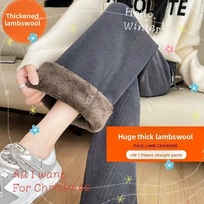 Warm Lambswool Straight Pants Women Corduroy Thickened Loose Wide Leg Pants Fashion Casual Elastic High Waist Fleece Trousers