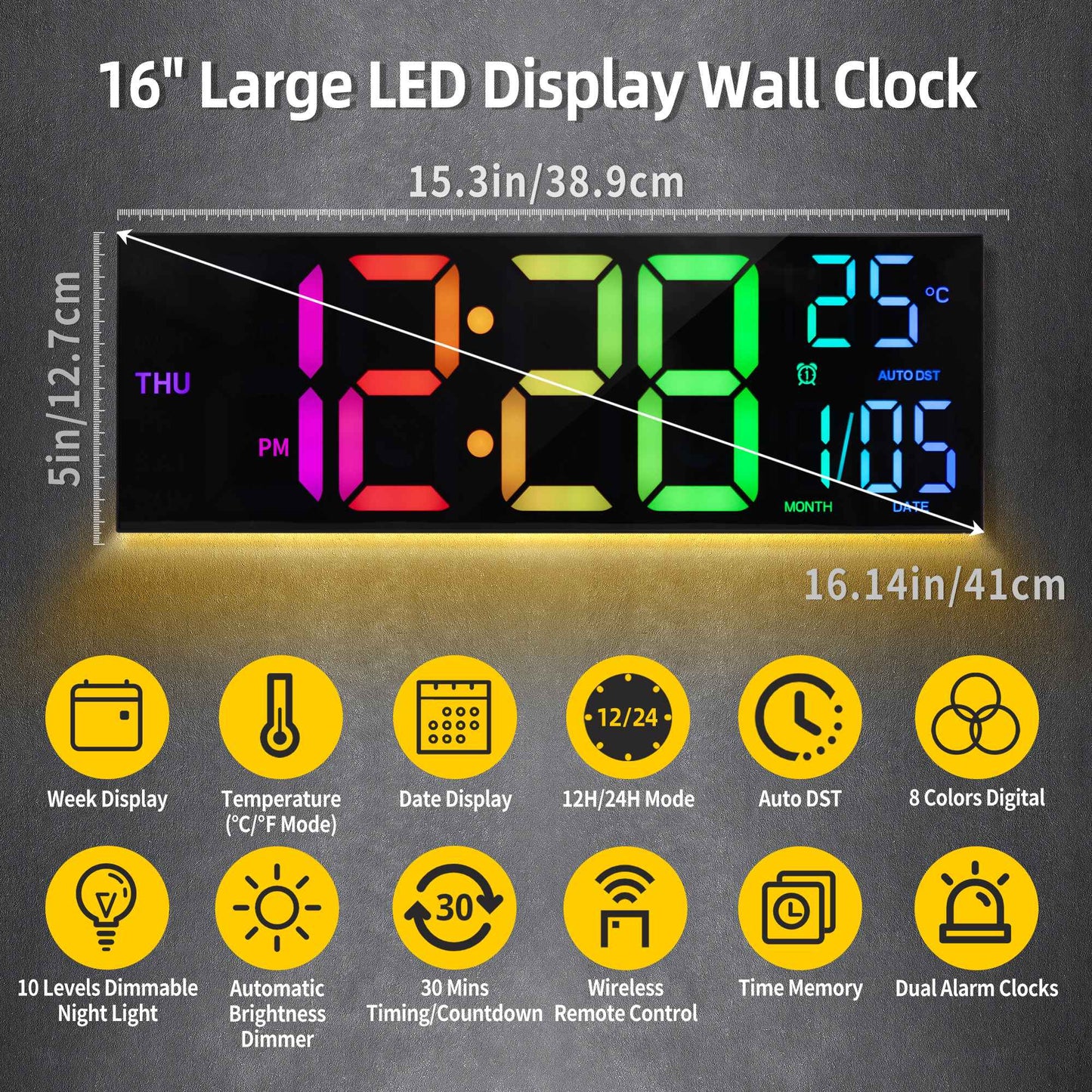 16" Large Digital Wall Clock, Big LED Display with Remote, 8 RGB Color, Alarm, DST, Temperature for Living Room, Kitchen
