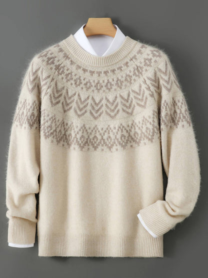 Men's 100% Merino Wool Pullover Sweater O-neck Fair Isle Jacquard Loose Casual Knitwear Long Sleeve Cashmere Tops Autumn Winter