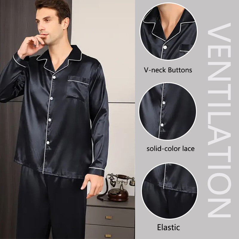 2PCS/Set Plus Size Solid Long-Sleeved Pyjamas Men Spring and Autumn Silk Sleepwear Homewear Cardigan Lapel Trousers Nightwear