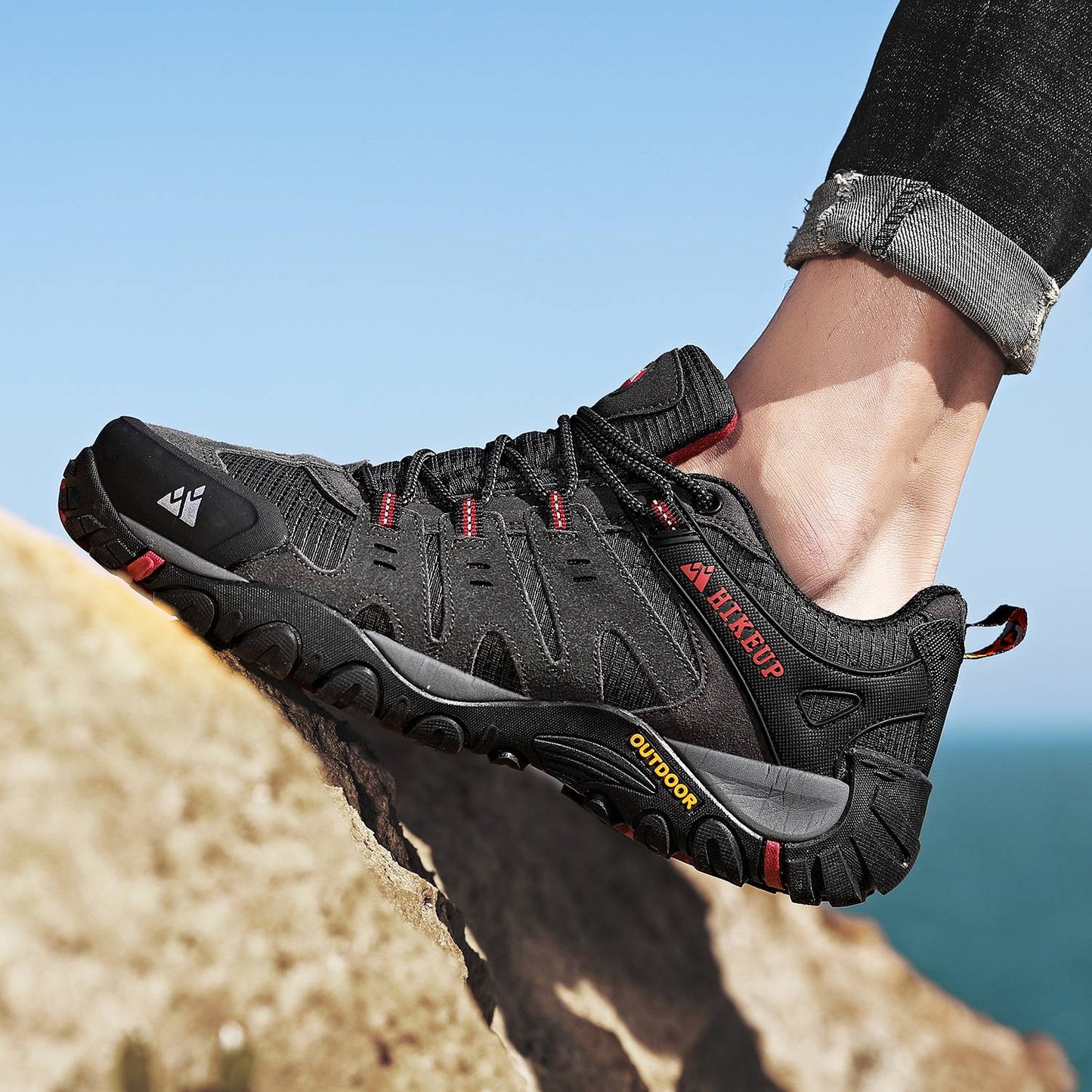 HIKEUP Tênis Masculino de Caminhada em Couro Camurça, Calçados Outdoor Resistentes ao Desgaste Masculinos para Trekking, Caminhada, Caça e Tênis Táticos