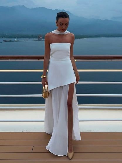 Fashion Strapless Ribbon Mesh Patchwork Maxi Dress Elegant Sleeveless Backless V