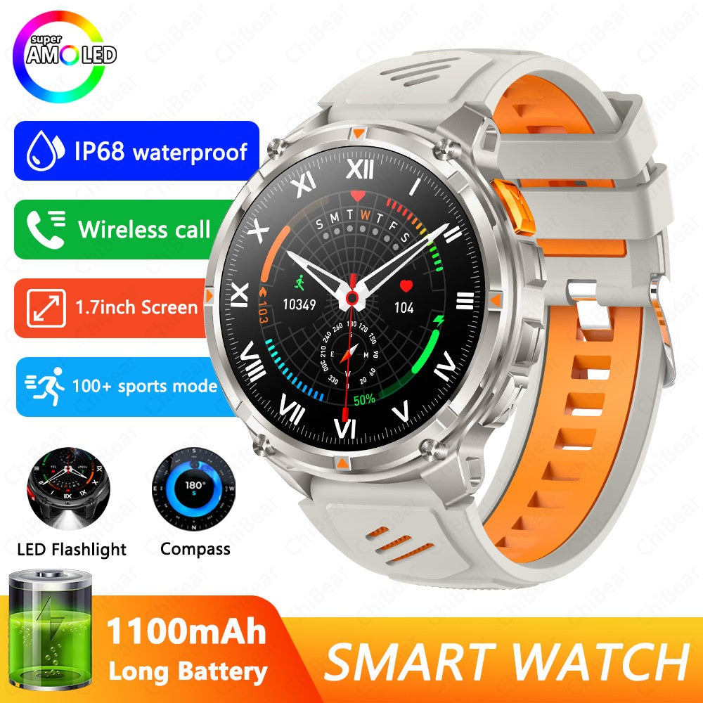 Relógio Inteligente Militar para Homens, Bateria de 1100mAh, Bússola, Monitor de Fitness, Tela AMOLED HD, Chamada BT, Smartwatch para Android IOS