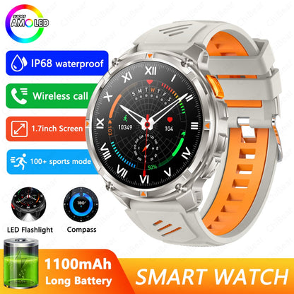 Relógio Inteligente Militar para Homens, Bateria de 1100mAh, Bússola, Monitor de Fitness, Tela AMOLED HD, Chamada BT, Smartwatch para Android IOS