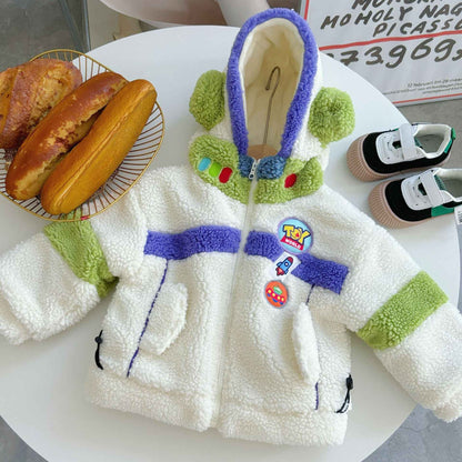 Casaco Infantil de Inverno Disney Buzz Lightyear 90-130cm Novo Bebê Menino Menina Desenho Animado Forro Polar Textura Engrossada Bloco de Cores Casaco com Capuz