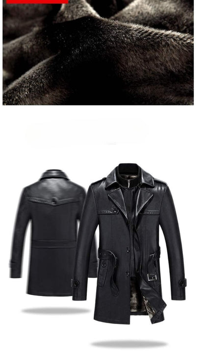 Fashion PU Leather Jacket Mid-length Fleece Thickened Windbreakers Suit Styles Large-sized Coats Overcoats Men's Slimming Trendy