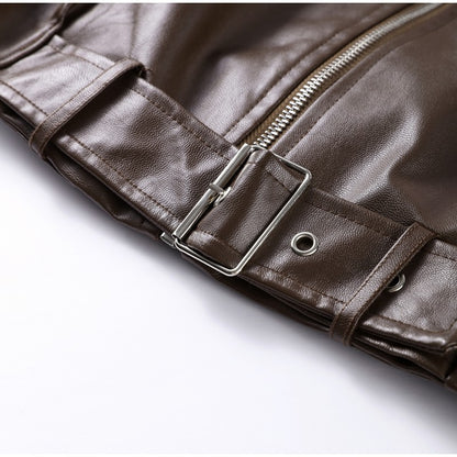 Street Stand Collar Women's Leather Jacket Loose Long Sleeve Zipper Pockets Chic Female Coats 2025 Autumn Winter Lady Outerwear